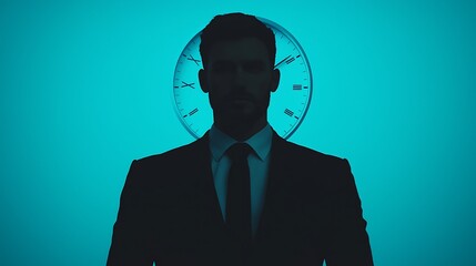 Silhouetted man in a suit stands confidently against a blue background with a large clock behind him, symbolizing time and professionalism.