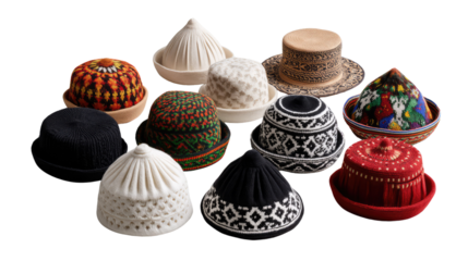 A Collection of hats with heritage design:A display of diverse artisanal hats showcases intricate patterns and unique cultural heritage, inviting appreciation for craftsmanship and fashion.