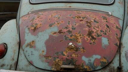 Old damaged car surface with visible rust, corrosion and peeling paint on metal body panels, close-up of vehicle decay representing aging, neglect, and automotive deterioration in urban environment