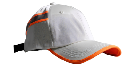 Sport Cap in Detail: Close-up of a sleek sport cap, showcasing its clean design, accented with vibrant orange piping, blending fashion with function.