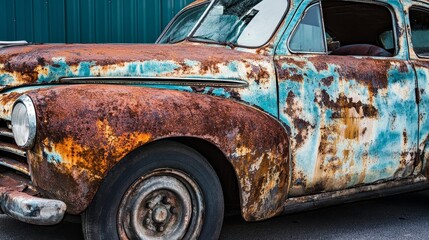 Old damaged car surface with visible rust, corrosion and peeling paint on metal body panels, close-up of vehicle decay representing aging, neglect, and automotive deterioration in urban environment
