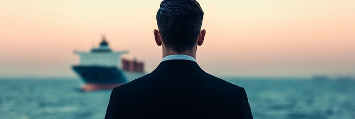A man in a suit stands on the shore, gazing at a large cargo ship sailing on calm waters during sunset.