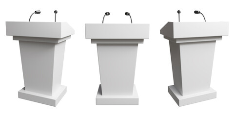 white pulpit with microphone for speech or debate isolated on white background . Realistic set of white lecture podium mockup for press conference. 3d render
