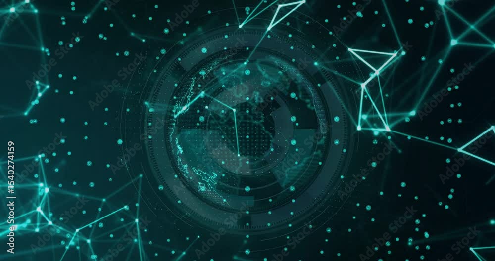 Poster connecting teal dots forming mesh pulsing to rotating globe visualizing data flow across continents