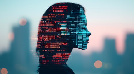 A digital silhouette of a woman"s profile overlaid with colorful, futuristic code and circuitry patterns against a blurred cityscape background.