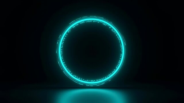 Glowing teal circle with digital patterns on a dark background. Abstract futuristic technology concept, data transfer, and digital visualization animation.