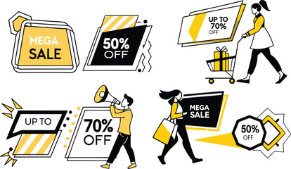 Flat Vector Mega Sale Banners Set with Discount Labels and Shoppers in Yellow and Black