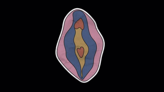 Looping unfolded paper sticker of the female reproductive system featuring the vulva on transparent background for anatomy or educational use