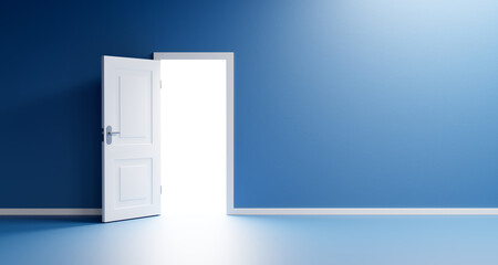 Opened White door on blue studio with light inside. new career, opportunities, business ventures and initiative. Business concept. 3d render
