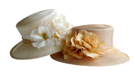 Elegant Headwear: A pair of refined hats adorned with delicate floral embellishments, epitomizing sophistication and timeless style. Capturing the essence of elegance and grace.