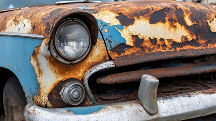 Old damaged car surface with visible rust, corrosion and peeling paint on metal body panels, close-up of vehicle decay representing aging, neglect, and automotive deterioration in urban environment