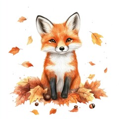 Fototapeta premium Cute fox surrounded by autumn leaves (2)