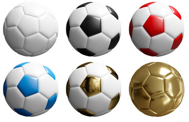 Set of football soccer isolated on white background, gold, red, blue, black, 3d render