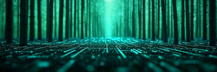 A futuristic digital forest blending nature and technology, with glowing circuit-like pathways and tall tree trunks under a greenish-blue light.