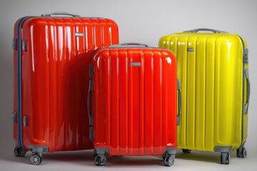 a large red suitcase, a blue medium suitcase, a small yellow suitcase on a white background. The concept of rest and vacation