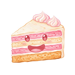 Cute Cartoon Strawberry Cake Slice Illustration watercolor png isolated transparent background