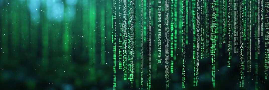 Vertical streams of green digital code cascade against a dark, blurred background, evoking a futuristic and cybernetic atmosphere.