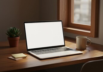 Fototapeta premium Modern Laptop Workspace Clean Desk Setup with Blank Screen for Productivity
