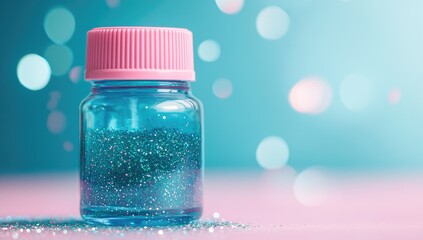 Teal glitter bottle with pink lid, bokeh background