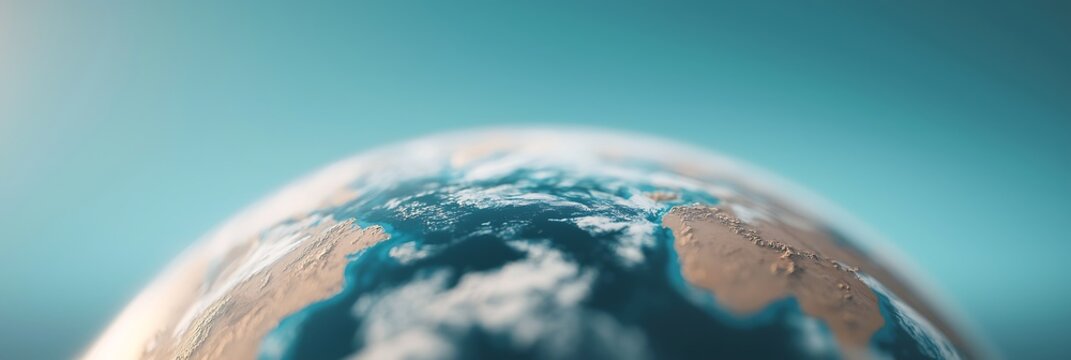 Close-up view of Earth"s surface focusing on landmasses and oceans under a clear sky with a soft blue hue. - Powered by Adobe