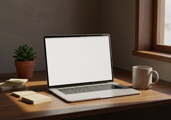 Fototapeta premium Modern Workspace Setup Laptop Mockup with Blank Screen, Cozy Home Office