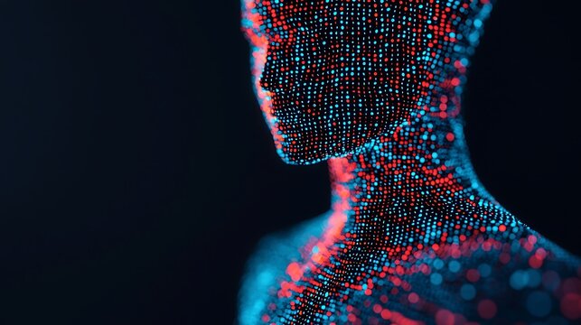 Digital human figure composed of glowing blue and red dots against a dark background, symbolizing technology and data visualization. - Powered by Adobe