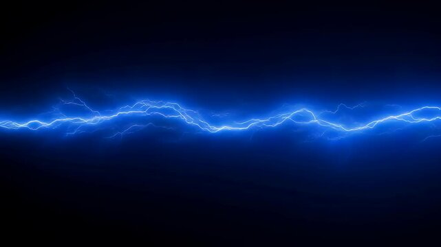 Blue lightning bolt electric discharge on a dark background. Energy and power concept. Electrical plasma effect footage.