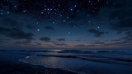 Dark ocean at night under a starlit sky, shimmering stars reflecting on water, moody seascape, dreamy cosmic atmosphere, tranquil marine night scene