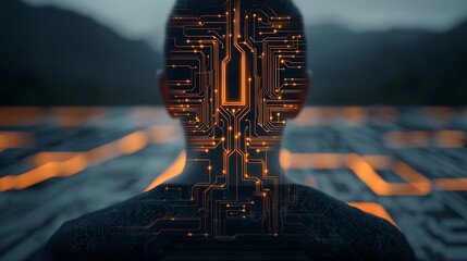 Silhouette of a human head filled with glowing circuit patterns against a blurred background, symbolizing artificial intelligence and digital technology.