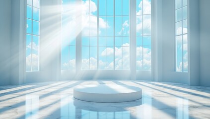 Empty white pedestal in a sunlit hall with large windows