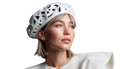 Artistic Vision: A portrait of a stylish individual adorned with a unique geometric hat. The image highlights contemporary design and individuality. 