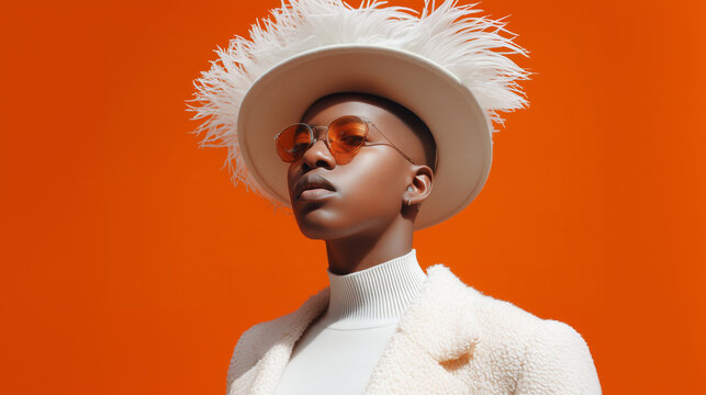 Bold portrait of a stylish person in extravagant fashion with white feather hat and sunglasses on vibrant orange background. Concept of individuality, confidence, fashion and self-expression.