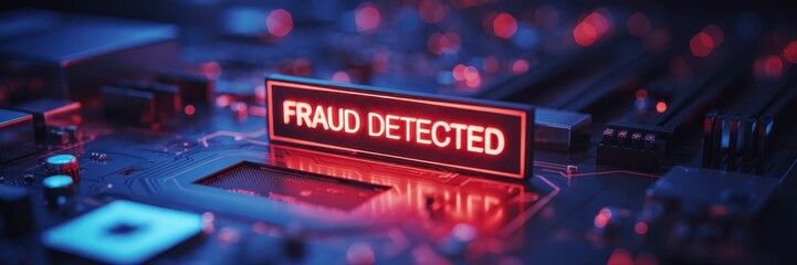 Close-up of a circuit board with the message fraud detected.