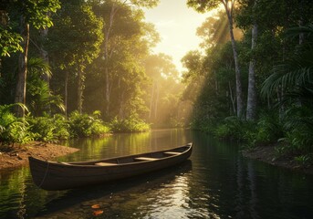 Cena tranquila no interior da Floresta Amazônica, com raios de sol iluminando a vegetação e um rio