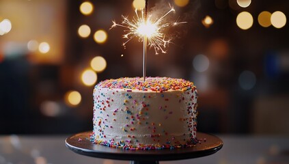 Birthday cake with sparkler, festive background