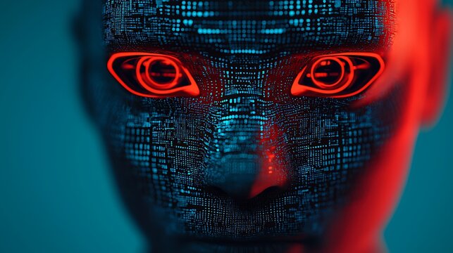 A digital humanoid face with glowing red eyes and binary code patterns, symbolizing artificial intelligence and futuristic technology.