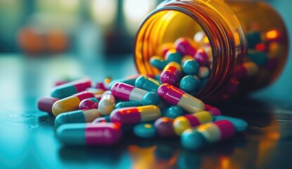Colorful pills spill from amber bottle onto a teal surface