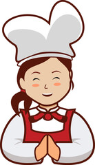 Smiling Chef: A cheerful female chef with a classic hat and apron, her hands clasped together, radiating warmth and a love for culinary arts.