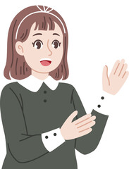 A Woman's Gesture: An illustrated woman making a presentation or showing something, conveying warmth and clarity, standing out for its expressive simplicity and engaging style.