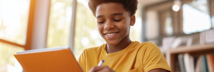 Smiling african male teen writing in notebook near window in sunlit room.
