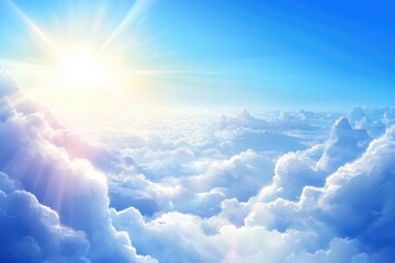 Radiant sun above fluffy clouds