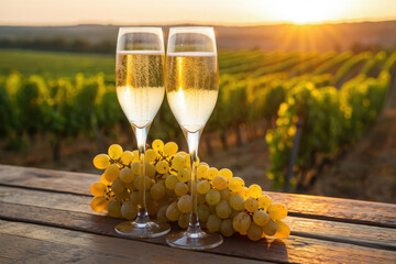 Two glasses of sparkling wine at sunset in a vineyard