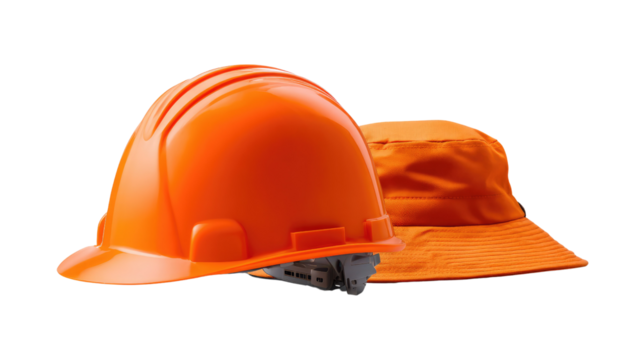 Construction Safety Gear: A vibrant orange hard hat and accompanying construction hat are depicted, symbolizing the crucial safety protocols required in the construction industry.