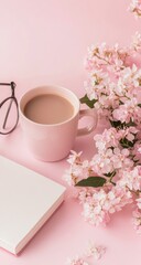 Pink aesthetic workspace with coffee, flowers, and glasses