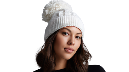 Charming Winter Style: A beautiful girl looks directly at camera with a soft knit beanie. The hat with a fluffy pom-pom accents, exudes warmth and style.