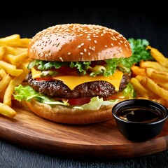 A delicious cheeseburger, nestled in a sesame seed bun, is served alongside golden fries. The juicy patty, topped with melty cheese and fresh lettuce, promises a satisfying bite, perfect for any heart