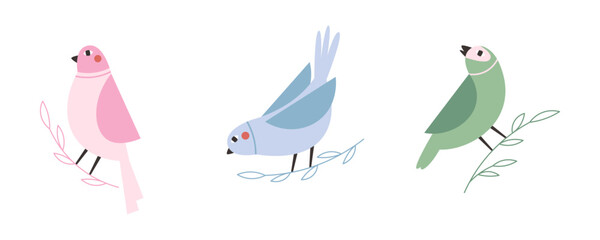 Colorful birds sitting on branches. Hand drawn spring birds set of illustrations or stickers.