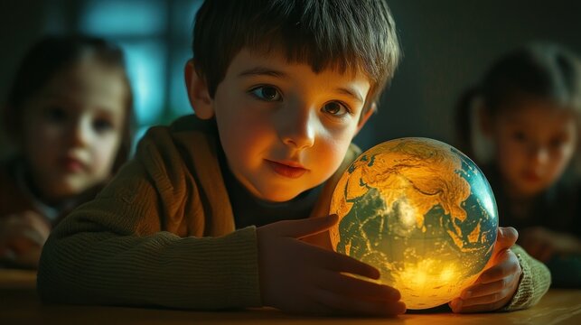 Child holds glowing earth globe - Powered by Adobe