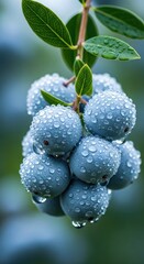 Dew Covered Blueberries on Branch Green Leaves drops