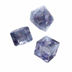 Three Sparkling Ice Cubes Falling on Purple Background